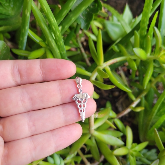 New Solid 925 Sterling Silver Simple Caduceus Staff of Hermes Pendant - Picture 5 of 6